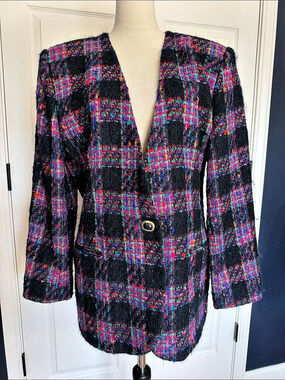 Vintage Lord & Taylor Plaid Tweed Blazer Collarless Mohair Boucle Wool Jacket 14